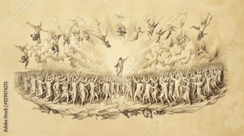 Biblical Illustration: Armageddon Battle, Good vs Evil, Jesus Leads Heavenly Armies, Beige Background, Copyspace