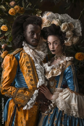 Elegant Couple in Vintage Baroque Fashion Posing with Romantic Floral Backdrop