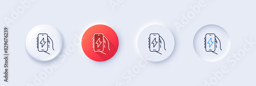 Charging app line icon. Neumorphic, Red gradient, 3d pin buttons. Hand hold phone sign. Cellphone with screen notification symbol. Line icons. Neumorphic buttons with outline signs. Vector