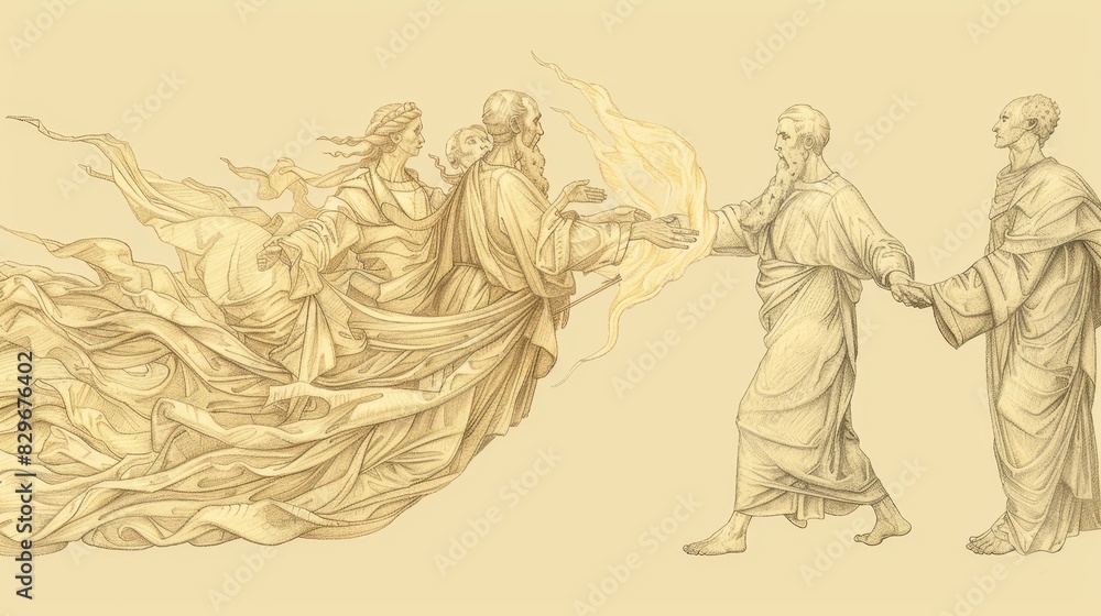 Biblical Illustration: Elijah's Ascension, Chariot of Fire, Elisha's Mantle, Beige Background, Copyspace