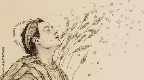 Biblical Illustration: Joseph's Prophetic Dreams, Wheat Sheaves and Stars, Brothers Jealous, Beige Background, Copyspace
