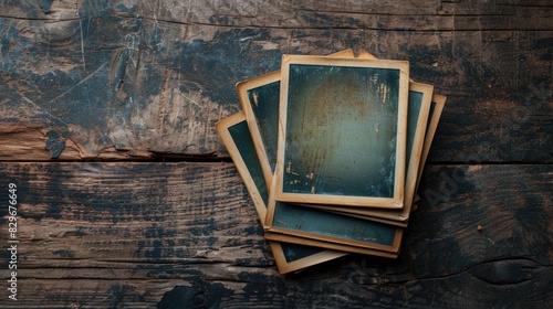 A stack of old photos on a wooden table, suitable for nostalgic themes photo
