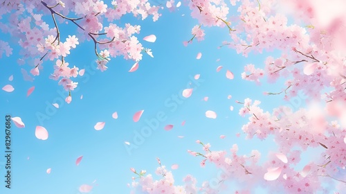 青空と舞い散る桜の花びらのイラスト © YONG