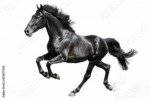 A majestic black horse galloping on a white background  suitable for various design projects