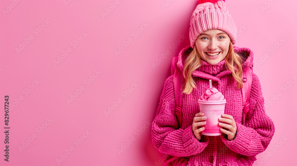 Happy woman holding pink travel mug on pink background Happy woman holding pink travel mug on pink background