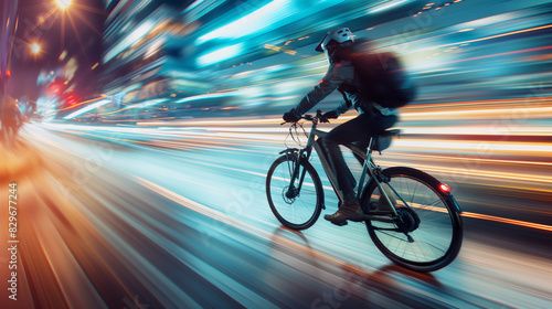 Rider on a trendy electric bicycle speeding through a bike lane, framed by city lights and clear copy space