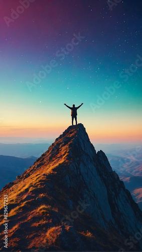 A lone person stands on top of a big mountain with hands towards the sky as to celebrate their achievement