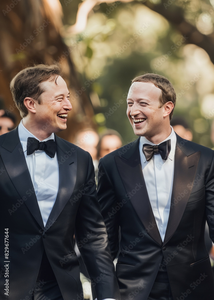 Laughing Gay Couple in Tuxedos Celebrating Their Wedding Day in a Beautiful Garden Laughing Gay Couple in Tuxedos Celebrating Their Wedding Day in a Beautiful Garden