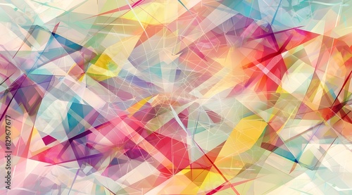 Colorful abstract background with geometric shapes and lines, light orange, pink blue, yellow, white, white background