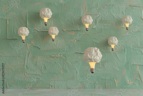 Flat minimalistic illustration of a soft, pastel yellow background with multiple 3D crumpled paper light bulbs floating and glowing dimly