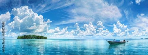 The boat is in the turquoise water, reflecting the blue sky, white clouds and tropical islands. Summer vacation natural landscape, panorama. Maldives island, colorful and perfect panoramic natural lan