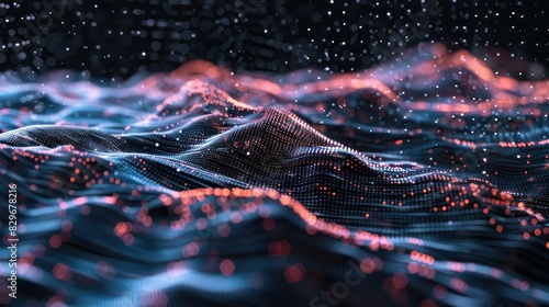 Holographic grid merging with pixelated waves  creating a digital dreamscape