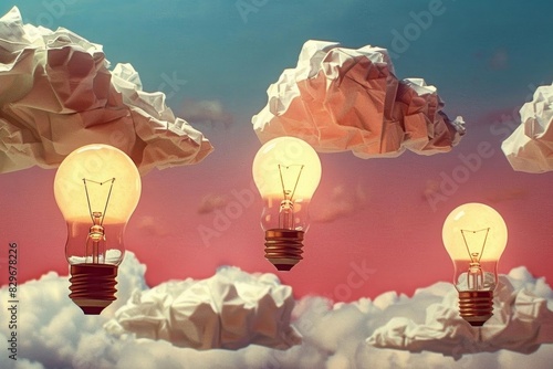 Illustration of several 3D floating crumpled paper light bulbs, each glowing softly against a flat minimalstyle blush pink background