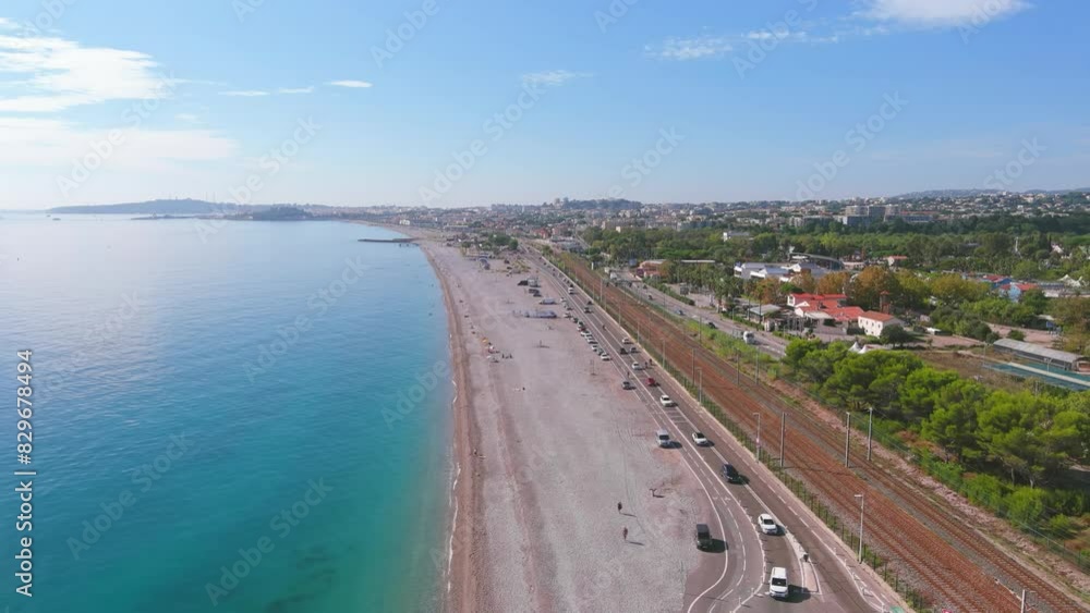 Nice, France: Aerial view of beach Plage de Vaugrenier in famous resort city by Mediterranean Sea on French Riviera - landscape panorama of Europe from above
Nice, France: Aerial view of beach Plage de Vaugrenier in famous resort city by Mediterranean Sea on French Riviera - landscape panorama of Europe from above