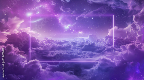 A dreamy celestial landscape with swirling galaxies and cosmic clouds, framed by a violet gradient rectangle stretching across the horizon