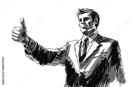 A man in a suit giving a thumbs up gesture. Suitable for business and success concepts photo