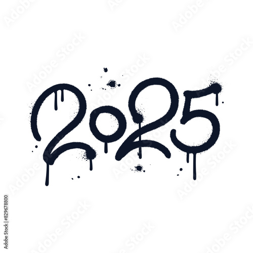 Number 2025 in urban graffiti letters style. New year vintage grunge design element with sprayed paint dots realistic texture. Paint textured vector illustration Isolated on white background.