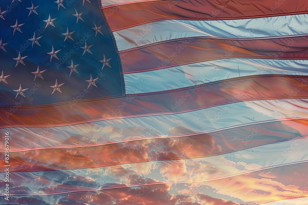 Fototapeta premium American flag made of swirling clouds, a whimsical display painted by the wind. Pinkish-red sunset hues create the stripes, with a clear blue sky forming the background and puffy white clouds as stars