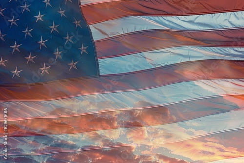 American flag made of swirling clouds, a whimsical display painted by the wind. Pinkish-red sunset hues create the stripes, with a clear blue sky forming the background and puffy white clouds as stars photo