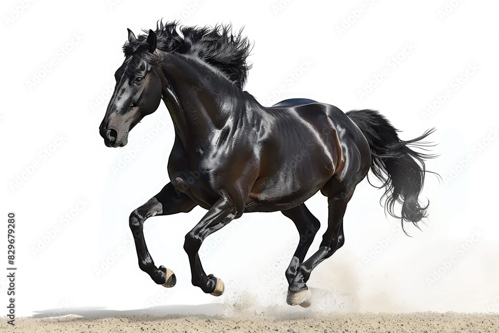 A powerful black horse running on sandy beach. Suitable for equestrian and nature concepts A powerful black horse running on sandy beach. Suitable for equestrian and nature concepts