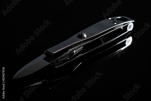 A black pocket knife on a dark surface. Great for outdoor and survival themes photo