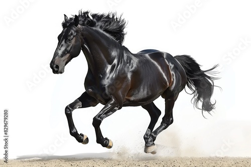 A powerful black horse running on sandy beach. Suitable for equestrian and nature concepts