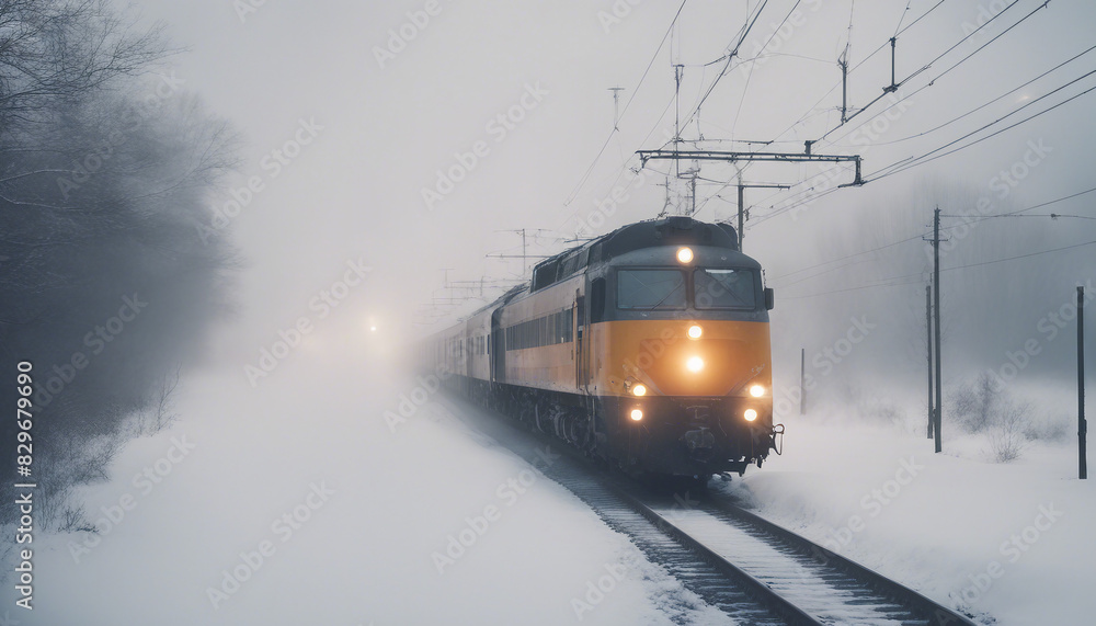 Passenger train moving through fog and heavy snow
