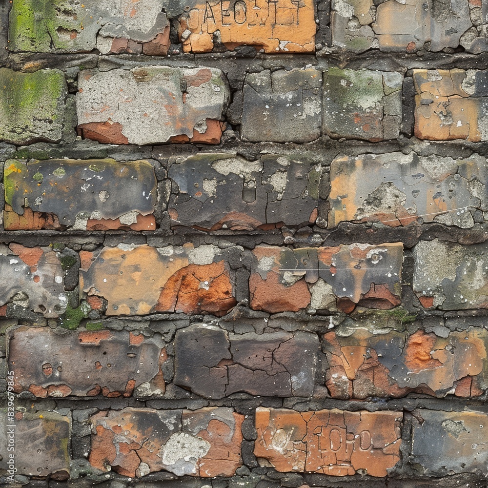 Detailed section of an old brick wall with signs of neglect, including dirt streaks, moss, and chipped bricks, highlighting the texture and age. AR: 1:1 Detailed section of an old brick wall with signs of neglect, including dirt streaks, moss, and chipped bricks, highlighting the texture and age. AR: 1:1