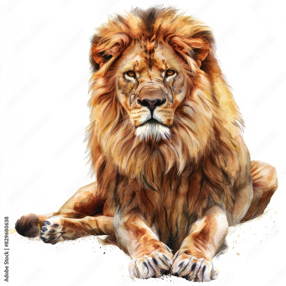 Ultra realistic watercolor style illustration of beautiful lion, high detailed, isolated on white