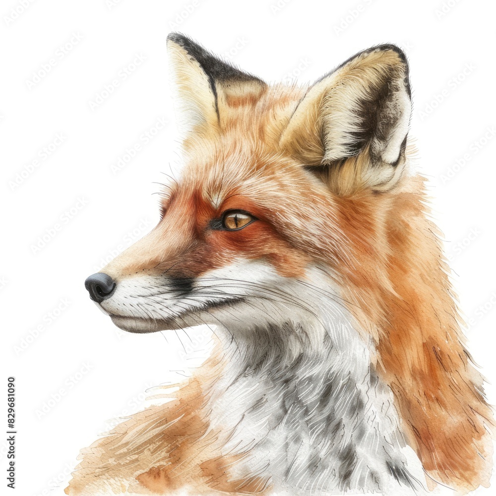 Ultra realistic watercolor style illustration of beautiful fox, high detailed, close up, isolated on white
