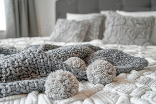 A bed with a blanket and decorative pom poms. Suitable for home decor concepts photo