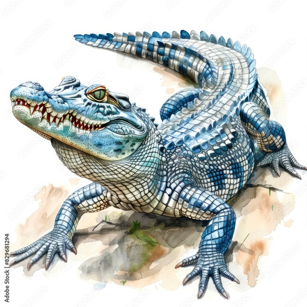 Naklejka premium Ultra realistic watercolor style illustration of beautiful crocodile, high detailed, isolated on white
