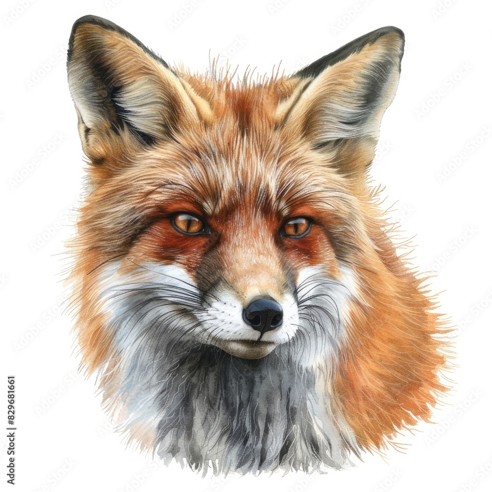 Naklejka premium Ultra realistic watercolor style illustration of beautiful fox, high detailed, close up, isolated on white