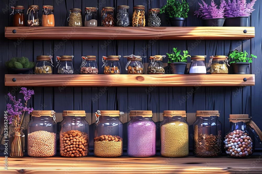 A rustic wooden table featuring a row of jars filled with various grains, ideal for a banner with copyspace