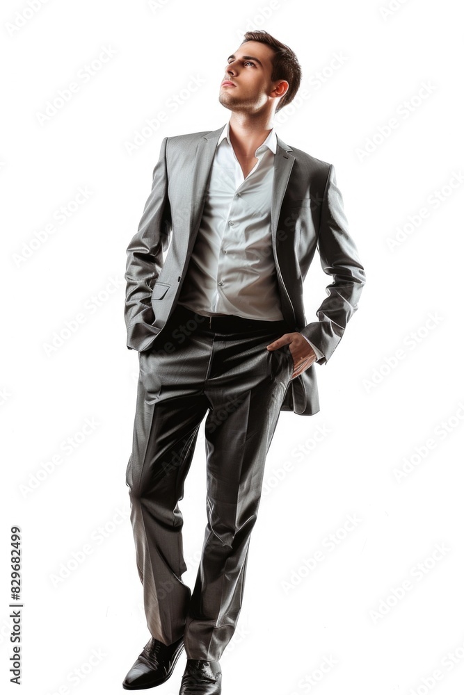 A man in a suit standing confidently with hands in pockets. Ideal for business concepts