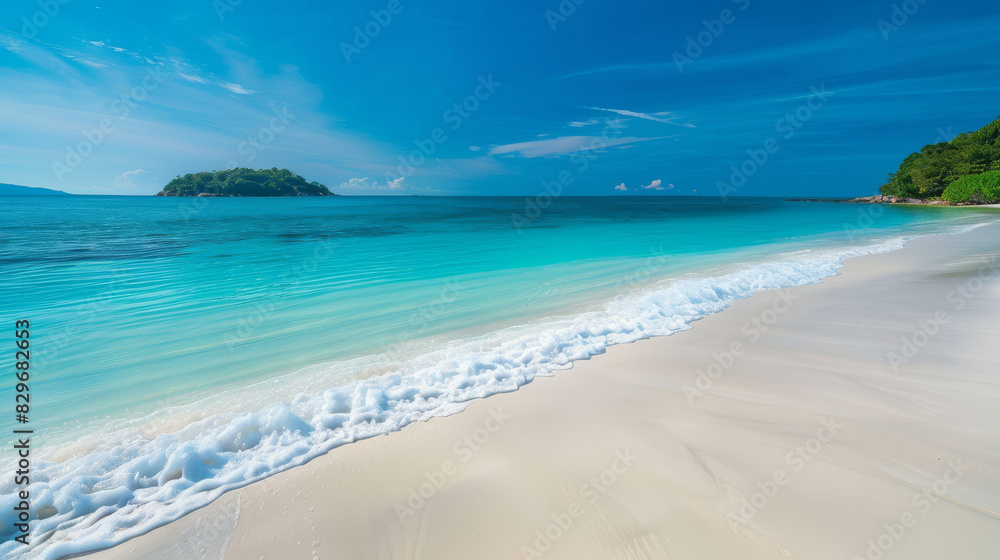 Beautiful white sandy beach with turquoise water and an island in the distance, panorama, blue sky, sunlight.