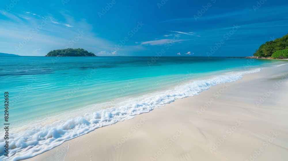 Beautiful white sandy beach with turquoise water and an island in the distance, panorama, blue sky, sunlight. Beautiful white sandy beach with turquoise water and an island in the distance, panorama, blue sky, sunlight.