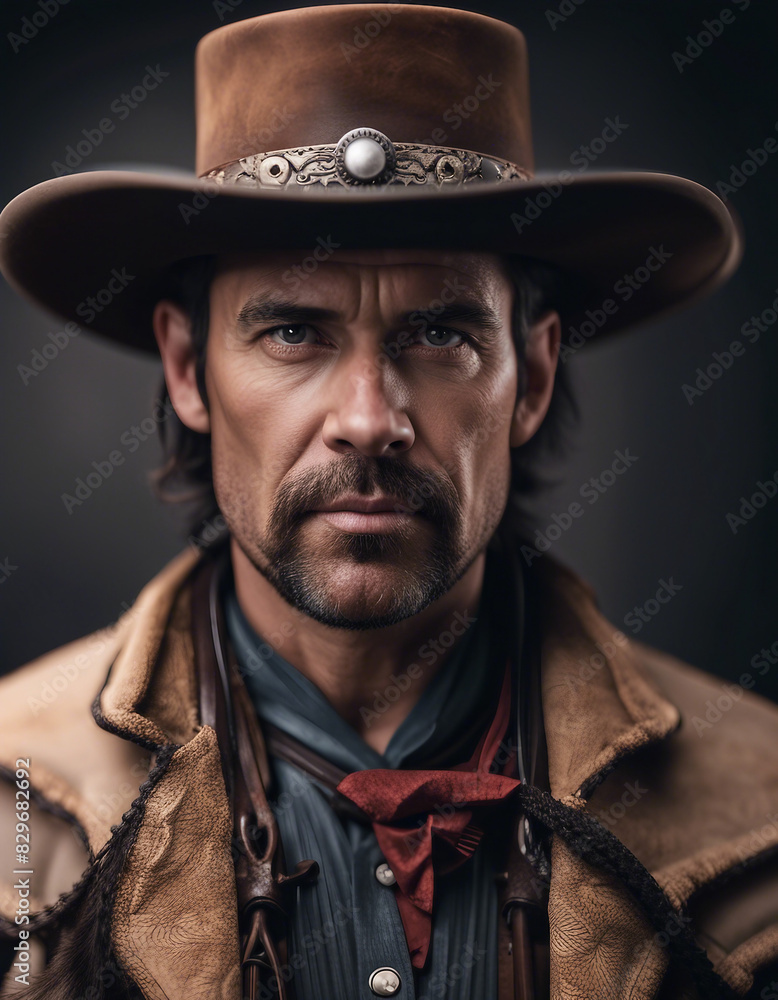 Fototapeta premium Portrait of wild west sheriff with traditional clothes, isolated white background 