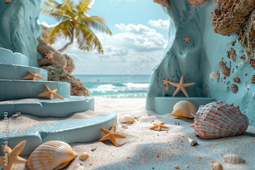 Summer beach 3d background with cylinder two stairs product podium, palm trees, seashells and starfishes  photo