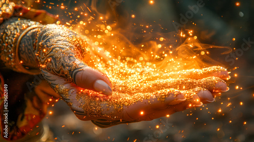 Hands Holding Glowing Golden Sparkles.