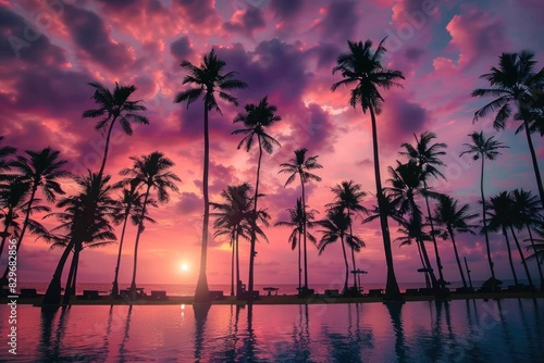 golden hour on a tropical beach with silhouetted palms trees against a vibrant sky as the sun sets.