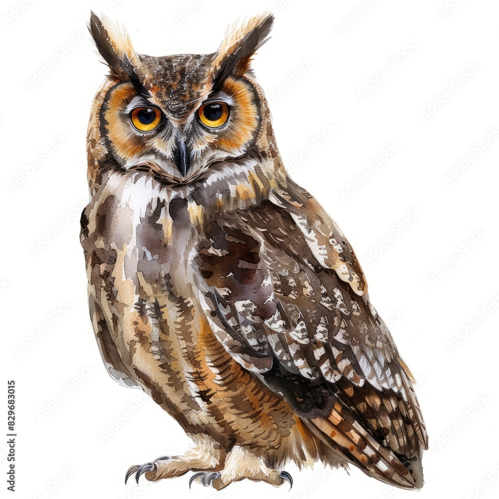 Obraz premium Ultra realistic watercolor style illustration of beautiful owl, high detailed, isolated on white