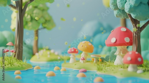 Cheerful natural scene with whimsical pond  scattered mushrooms  and lush trees in a vibrant  playful clay animation style.