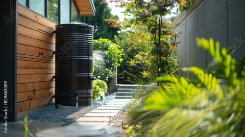 A modern sleek rain barrel with multiple levels for water storage.