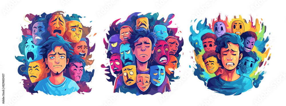 Naklejka premium Guy using emotion mask cartoon vector concepts. Man anger ironic grin rage dreams irritation despondency true feelings social difficulties real suppression contempt mental disorder problems character