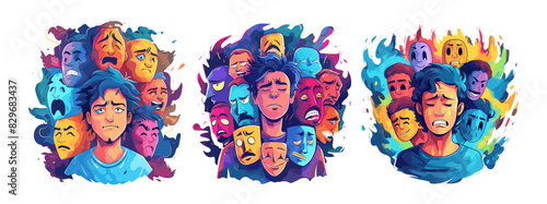 Guy using emotion mask cartoon vector concepts. Man anger ironic grin rage dreams irritation despondency true feelings social difficulties real suppression contempt mental disorder problems character