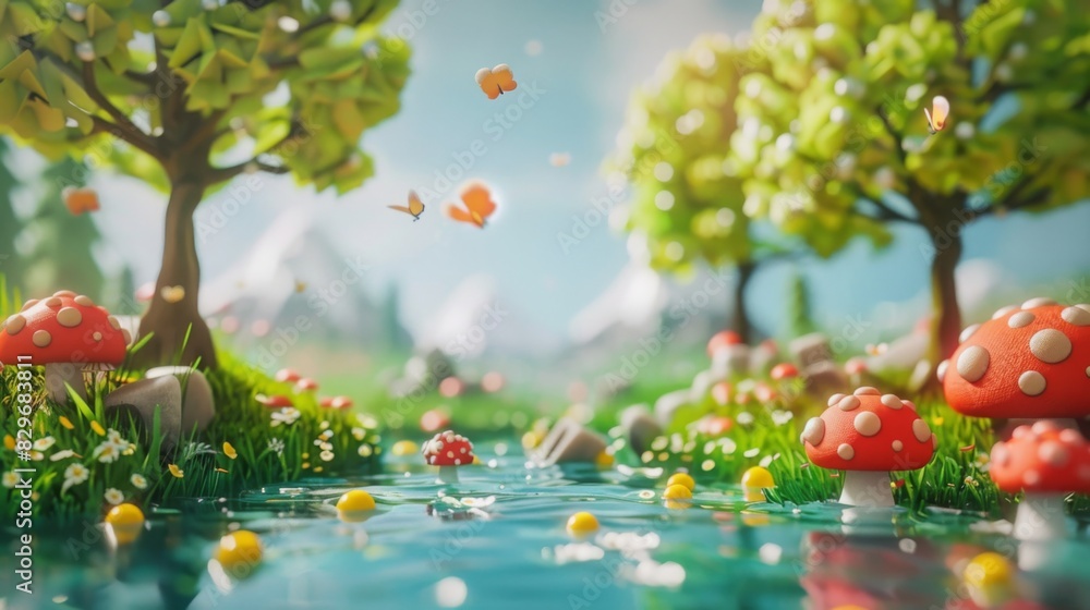 Fototapeta premium Cheerful natural scene with whimsical pond, scattered mushrooms, and lush trees in a vibrant, playful clay animation style.
