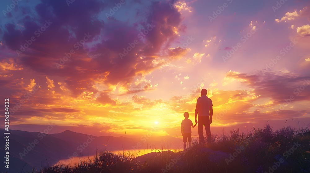Silhouette of a father and son standing on a hill against sunset sky, connection, bonding, support, father day, parenthood and love concept, copy space