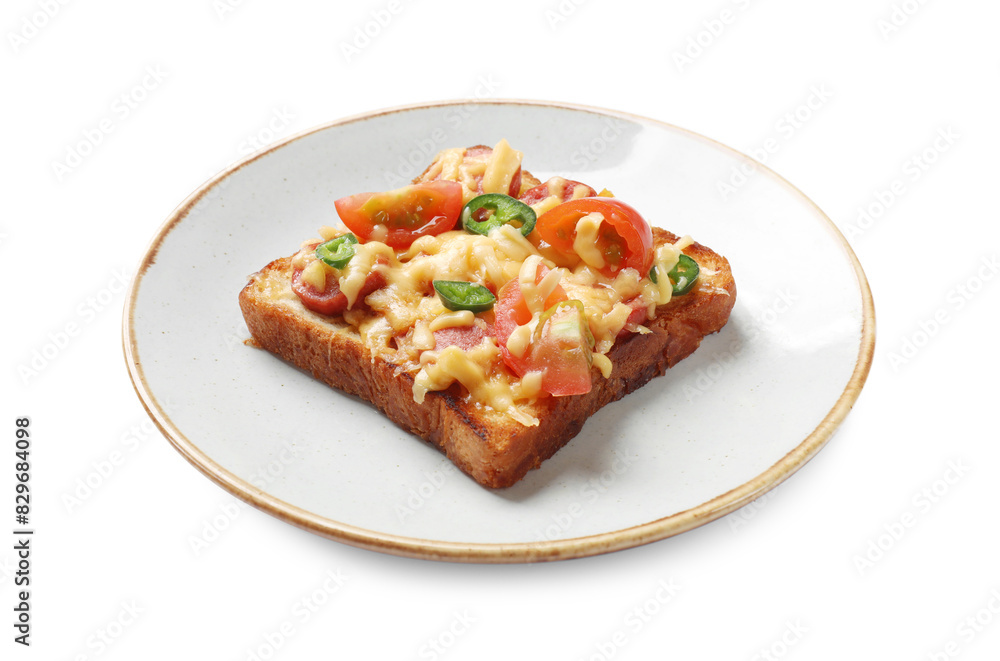 Plate with tasty pizza toast isolated on white Plate with tasty pizza toast isolated on white