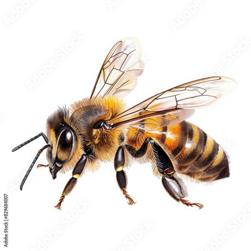 Ultra realistic watercolor style illustration of beautiful bee, high detailed, isolated on white